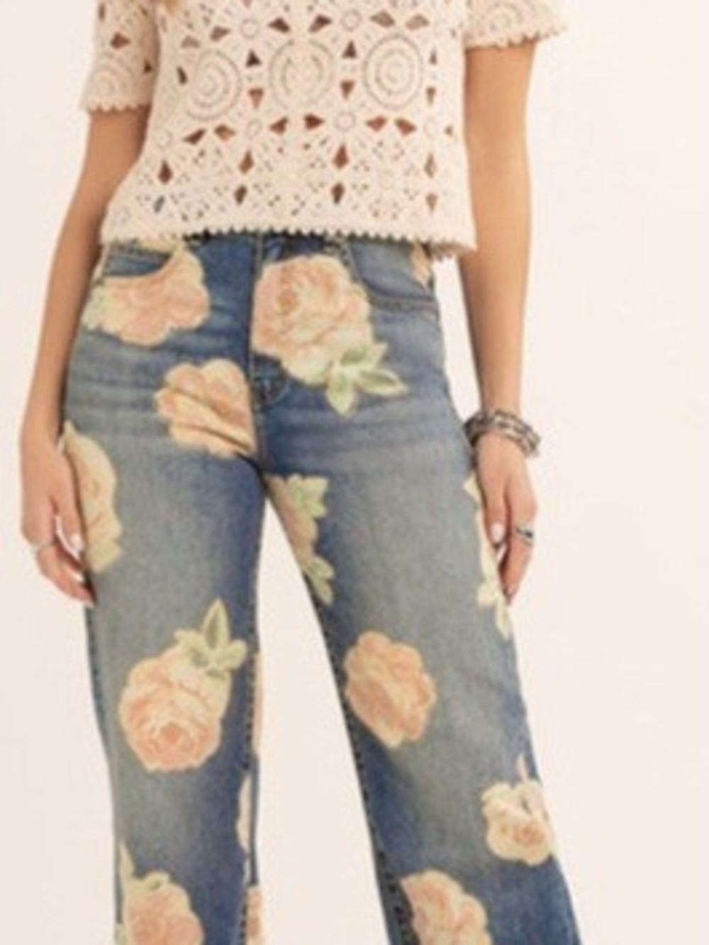 Jessica Simpson High-Rise Blue Jeans with Peach Rose Print
